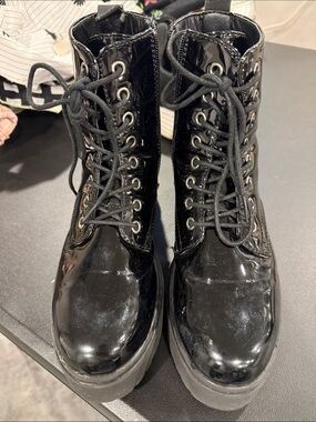 Women's Black Patent Lace-Up Combat Boots